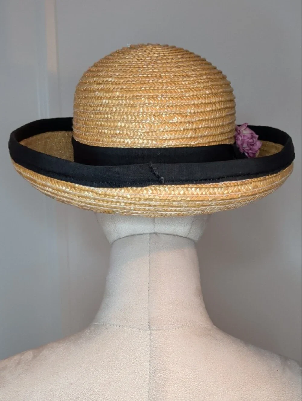 Vintage Tan Straw Sun Hat Bowler Black Ribbon Trim and Pink Flower